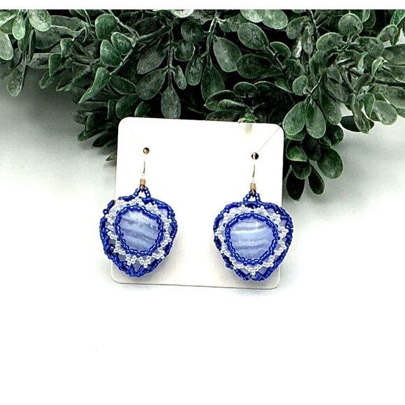 Handcrafted Blue Lace Agate & Beaded Dangle Earrings With Intricate White & Blue - Picture 1 of 5